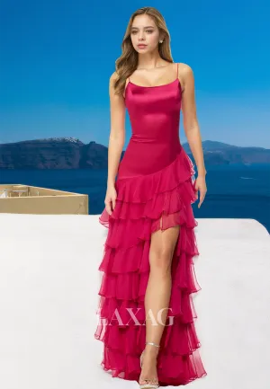 Scoop-Neck Off-Shoulder Sleeveless Satin Formal Gowns Spaghetti Straps Tiered Mermaid Prom Dress