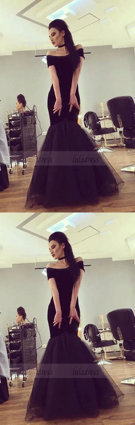 Sexy Off The Shoulder Black Tulle Mermaid Evening Dresses Prom Gowns