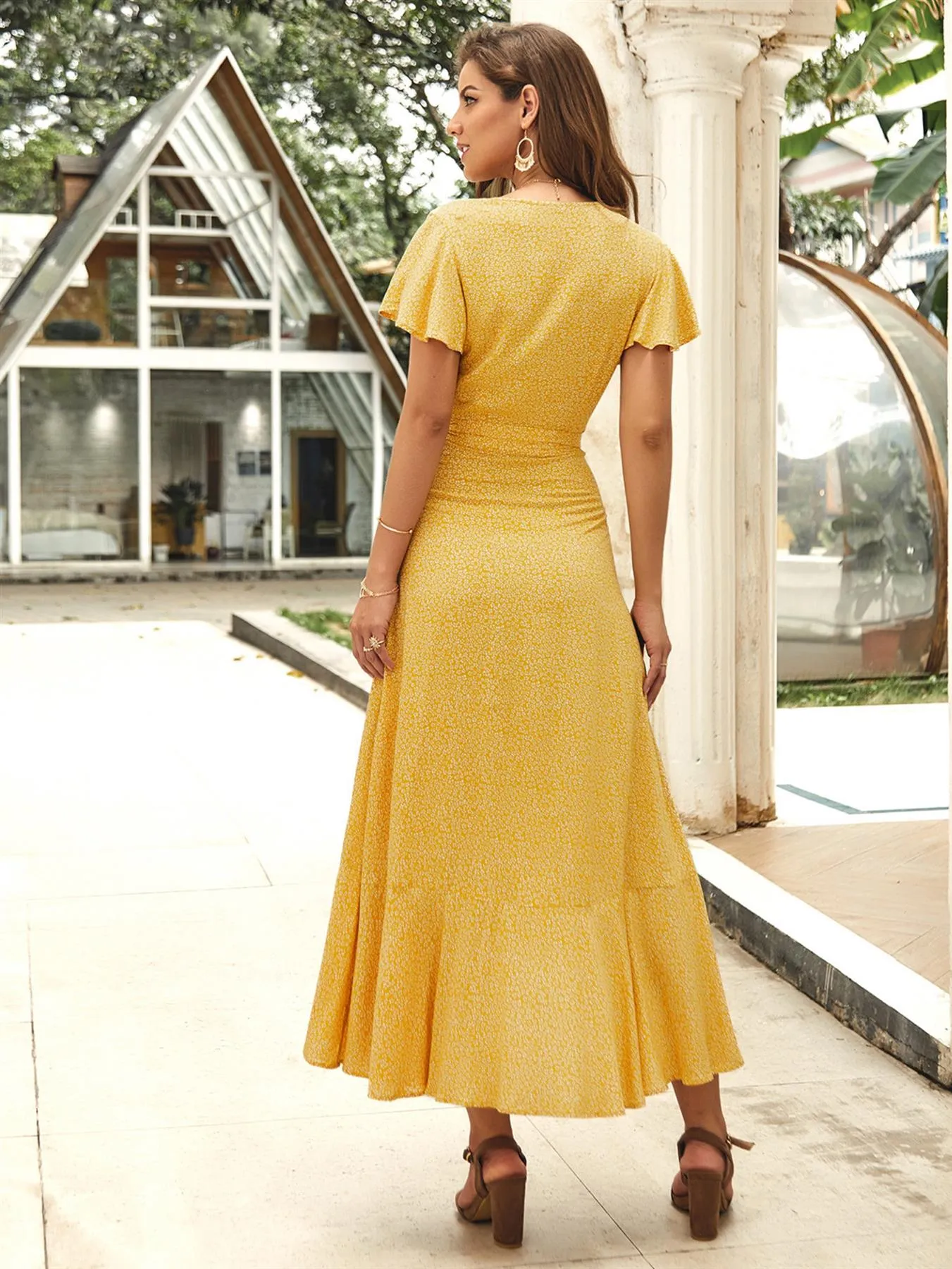Summer Wrap Midi Dress In Yellow Little Floral Print