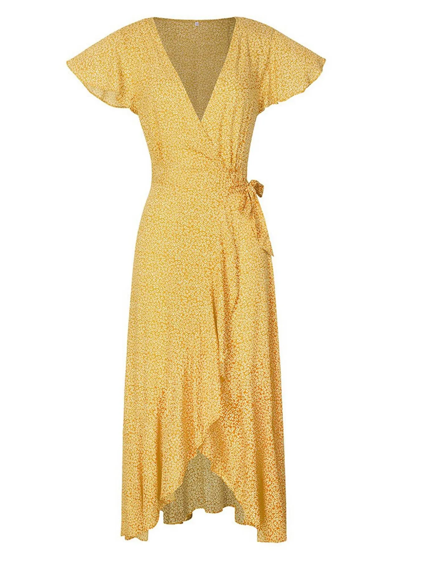 Summer Wrap Midi Dress In Yellow Little Floral Print