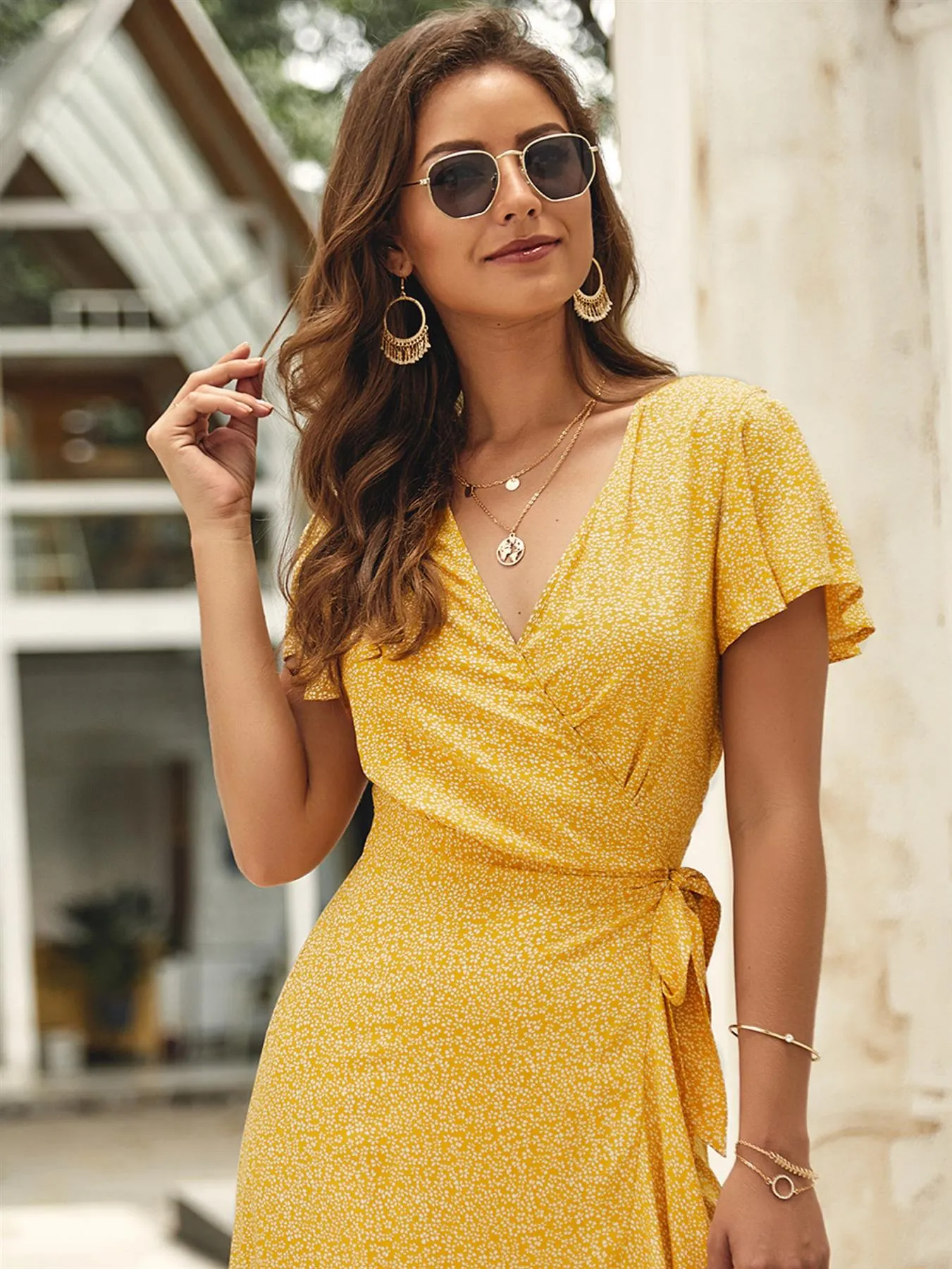 Summer Wrap Midi Dress In Yellow Little Floral Print
