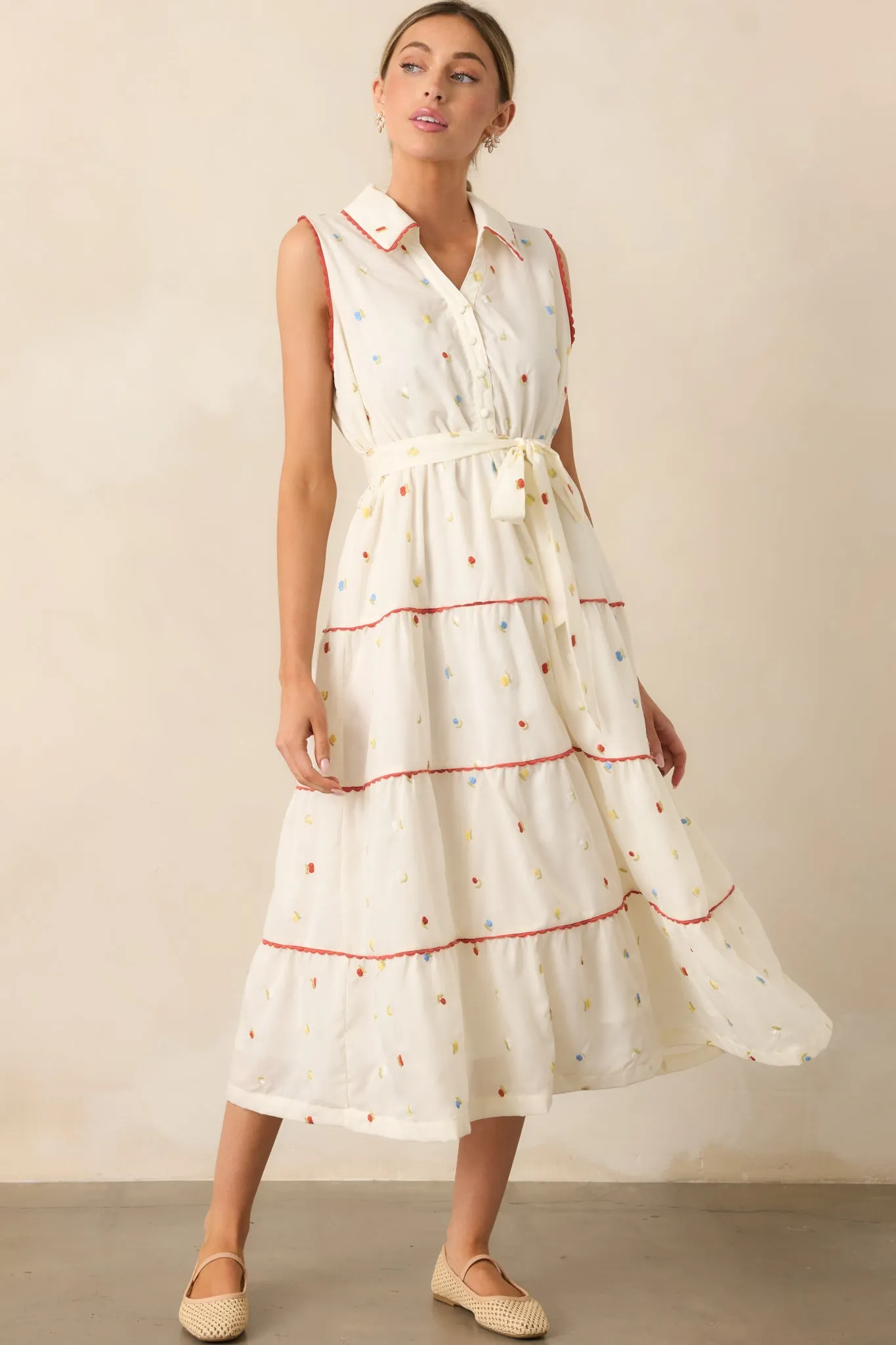 Sunlit Soirée Ivory Floral Collared Midi Dress
