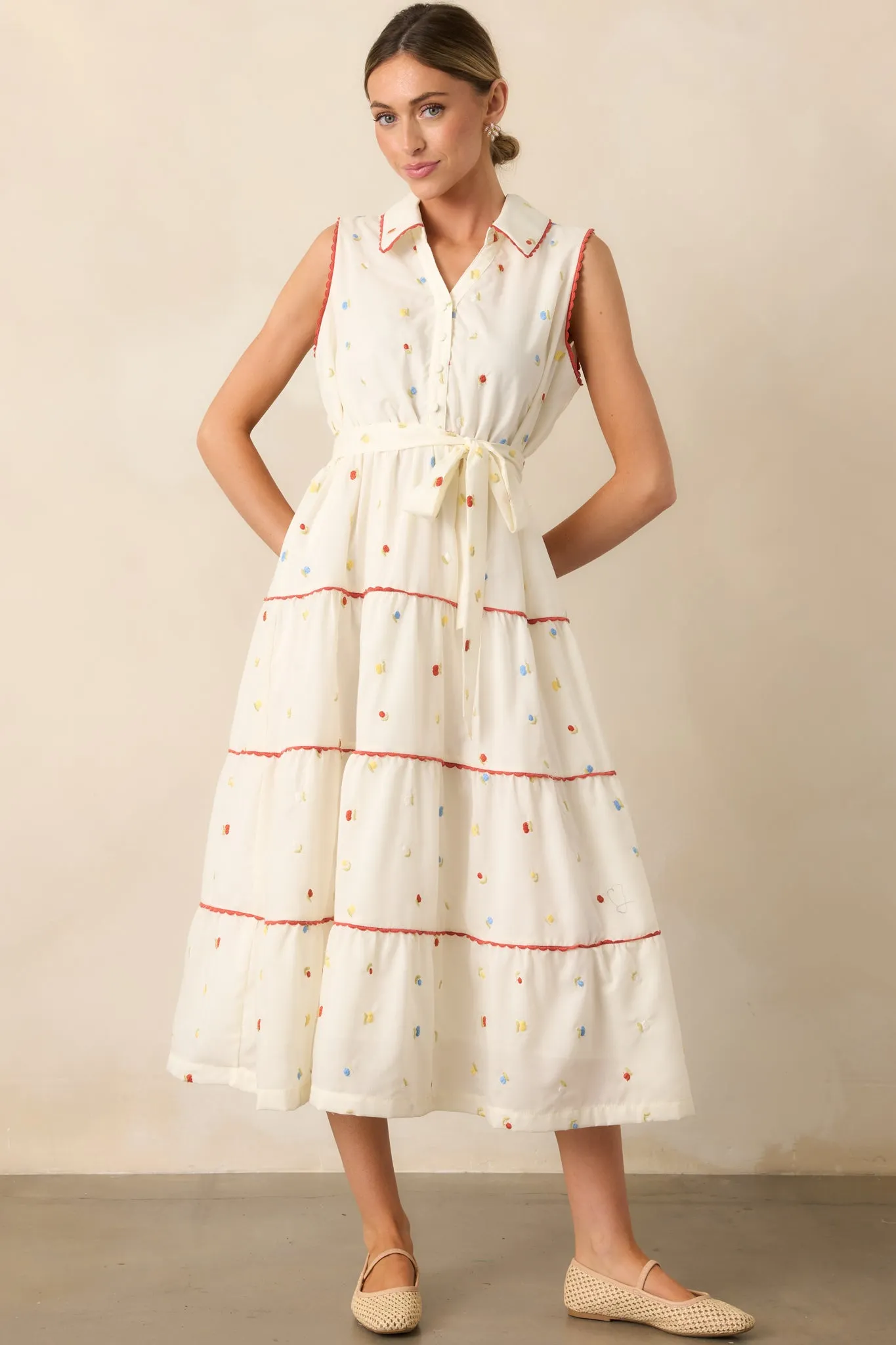 Sunlit Soirée Ivory Floral Collared Midi Dress