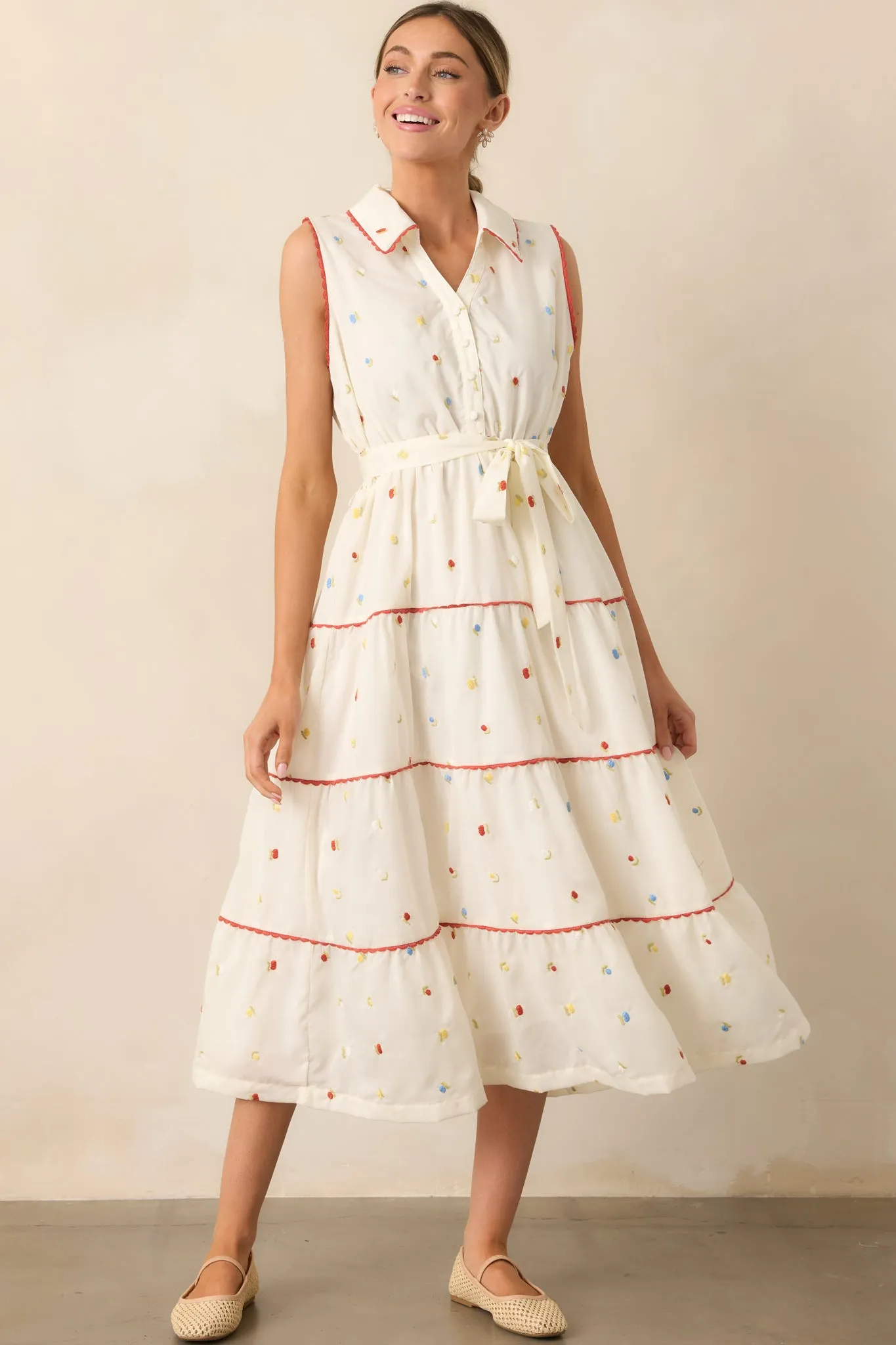 Sunlit Soirée Ivory Floral Collared Midi Dress