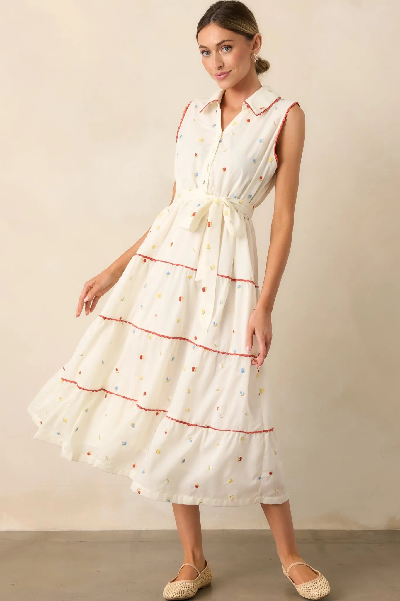 Sunlit Soirée Ivory Floral Collared Midi Dress