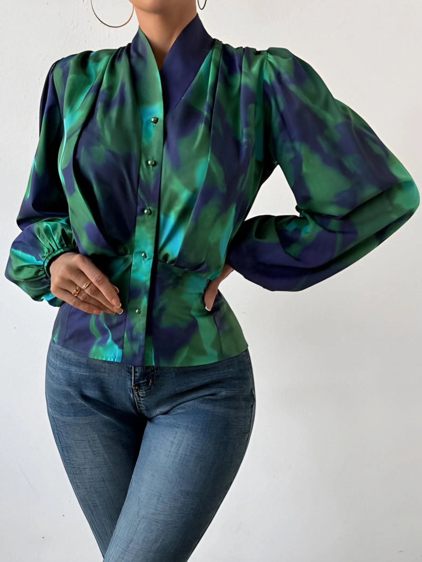 TEEK - Tie-Dye Button Up Balloon Sleeve Blouse