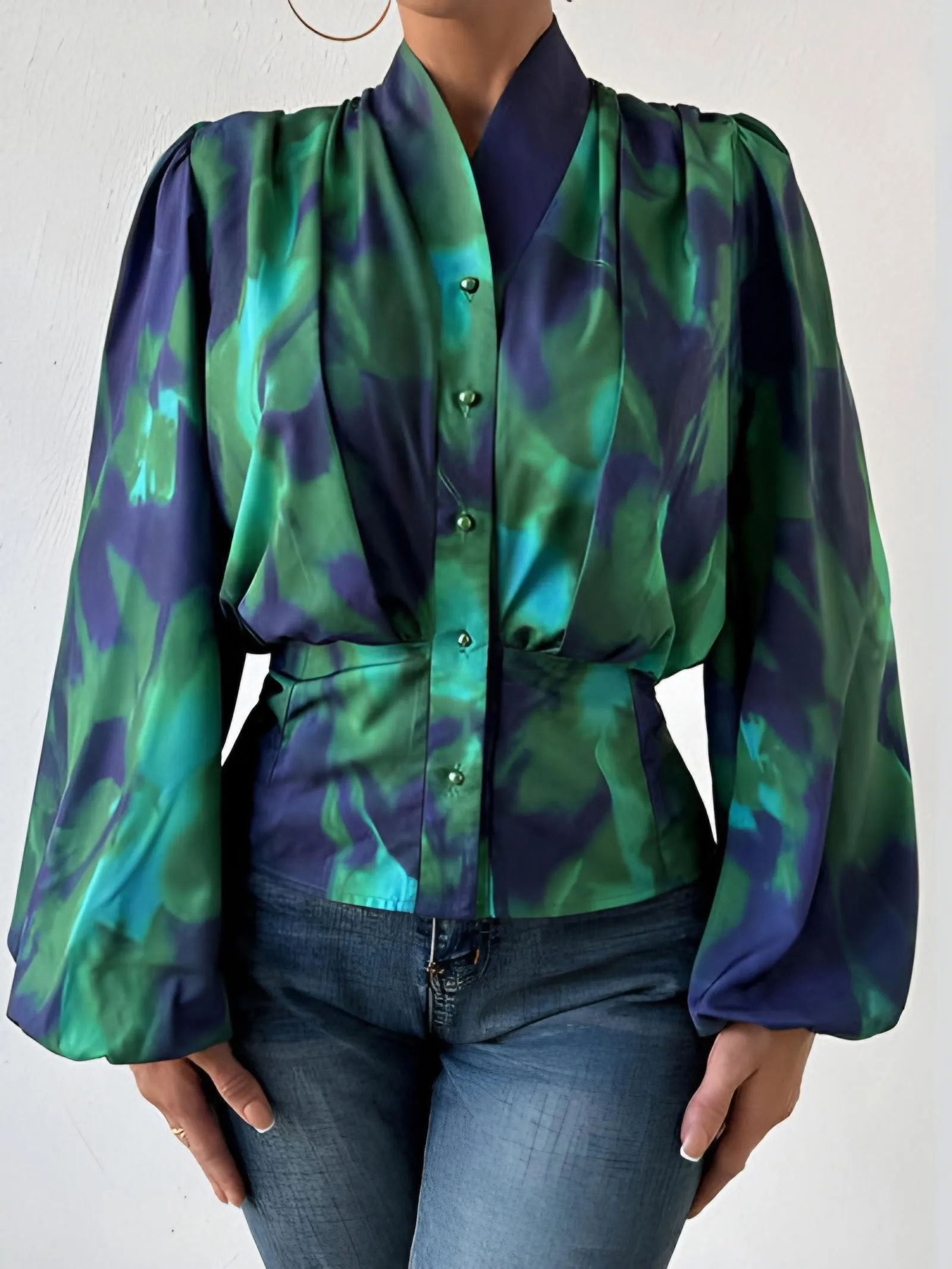 TEEK - Tie-Dye Button Up Balloon Sleeve Blouse