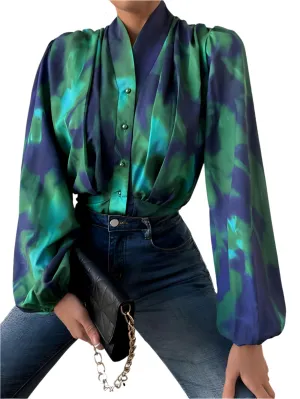 TEEK - Tie-Dye Button Up Balloon Sleeve Blouse