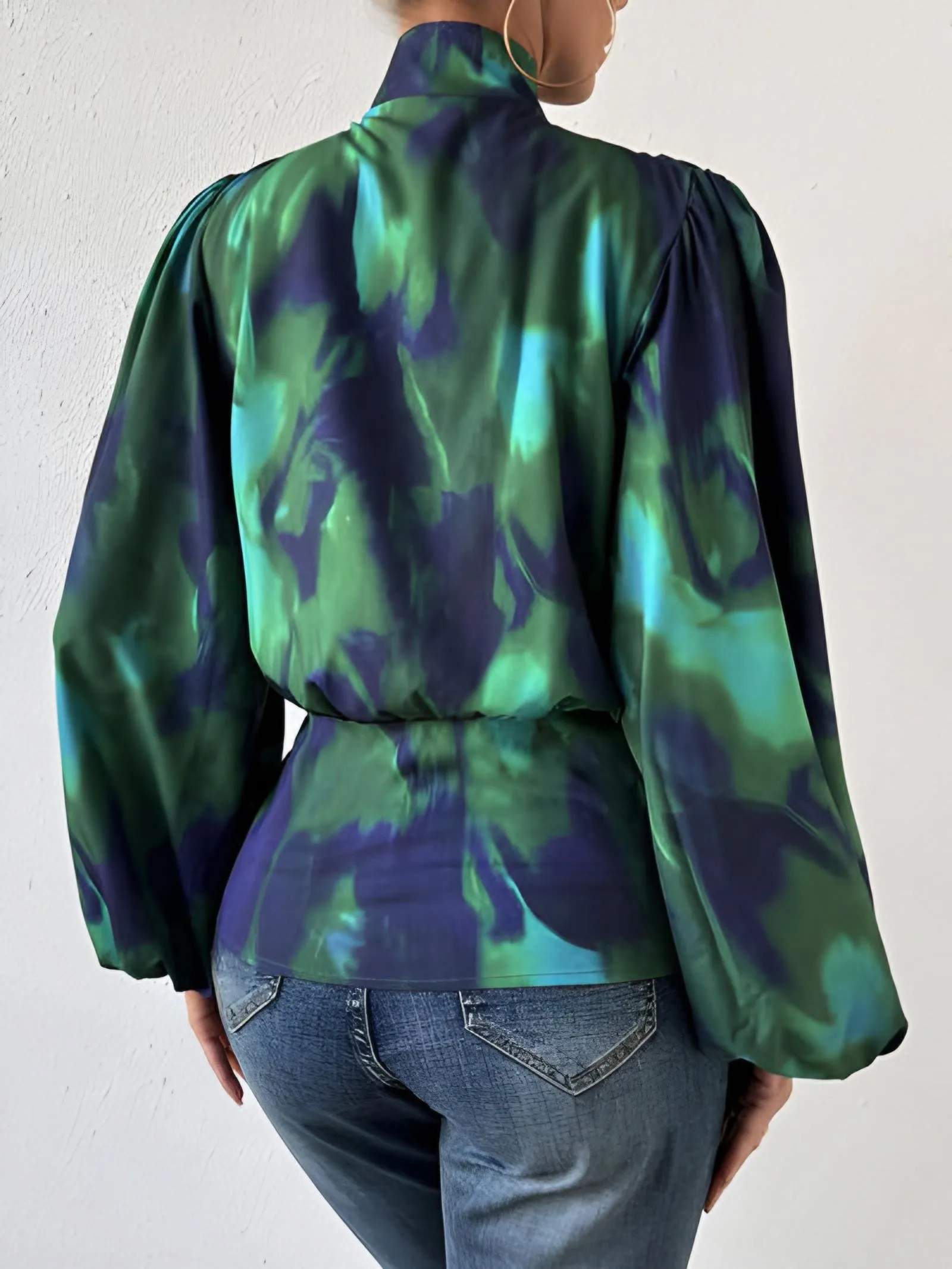 TEEK - Tie-Dye Button Up Balloon Sleeve Blouse