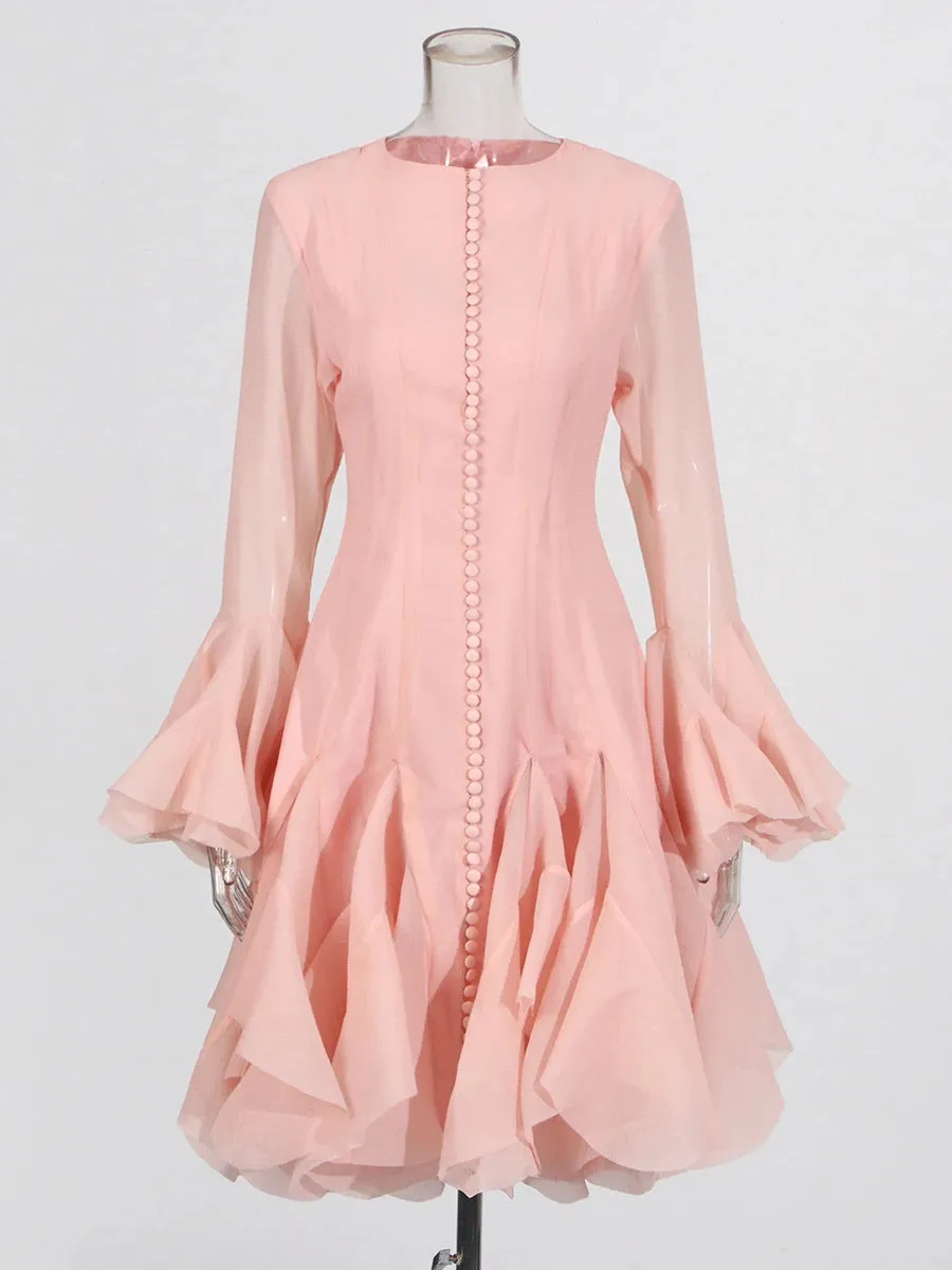 Trend4us Women's Ruffled Sheer Bell Sleeve Dress
