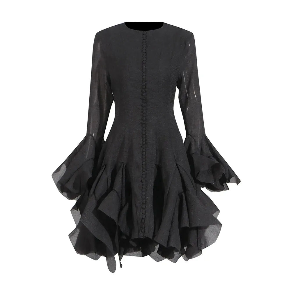 Trend4us Women's Ruffled Sheer Bell Sleeve Dress
