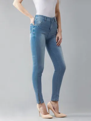 Women's Blue Skinny Fit High Rise Clean Look Regular Length Zipper Detailing Scraped Stretchable Denim Jeans