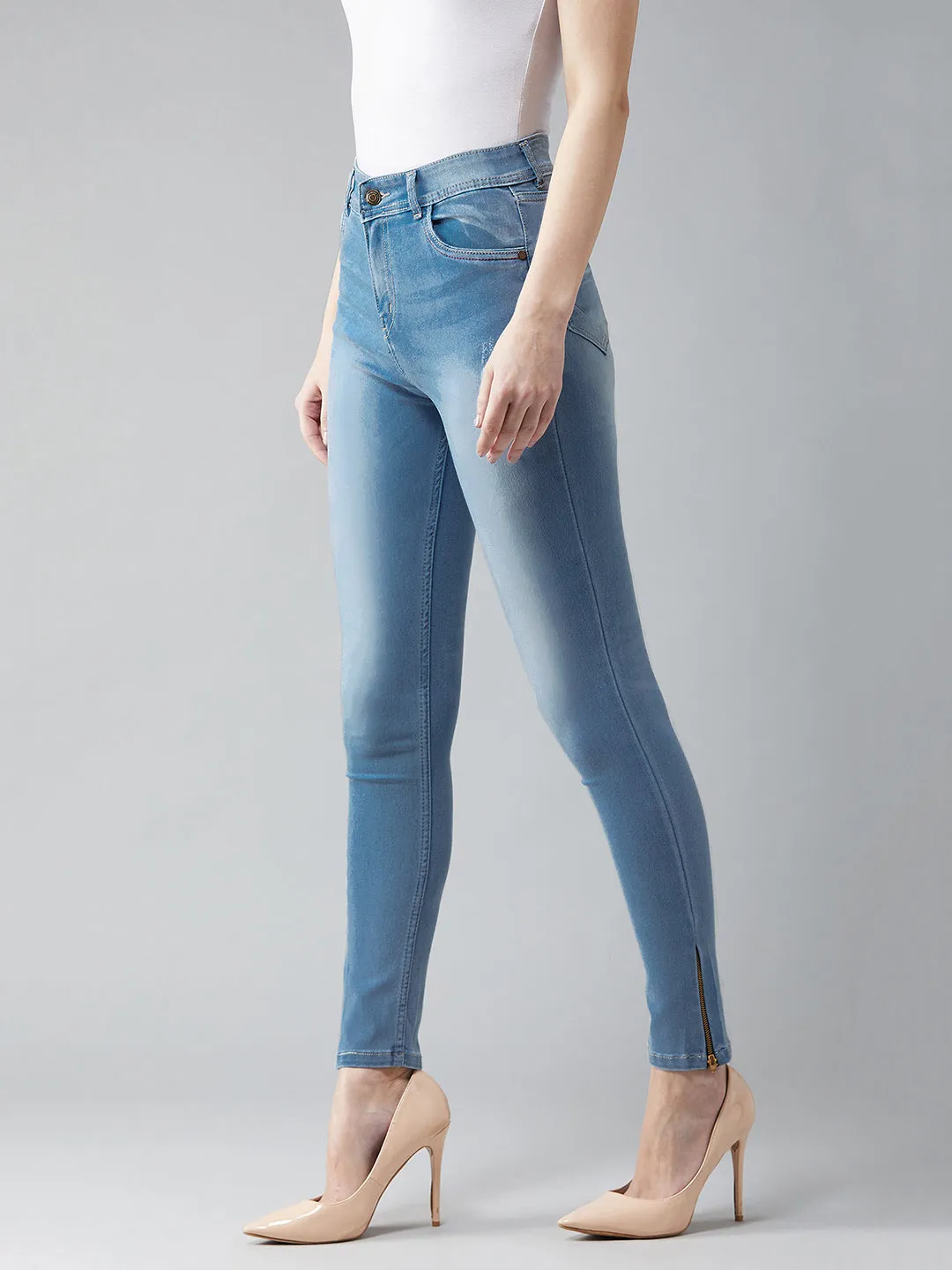 Women's Blue Skinny Fit High Rise Clean Look Regular Length Zipper Detailing Scraped Stretchable Denim Jeans