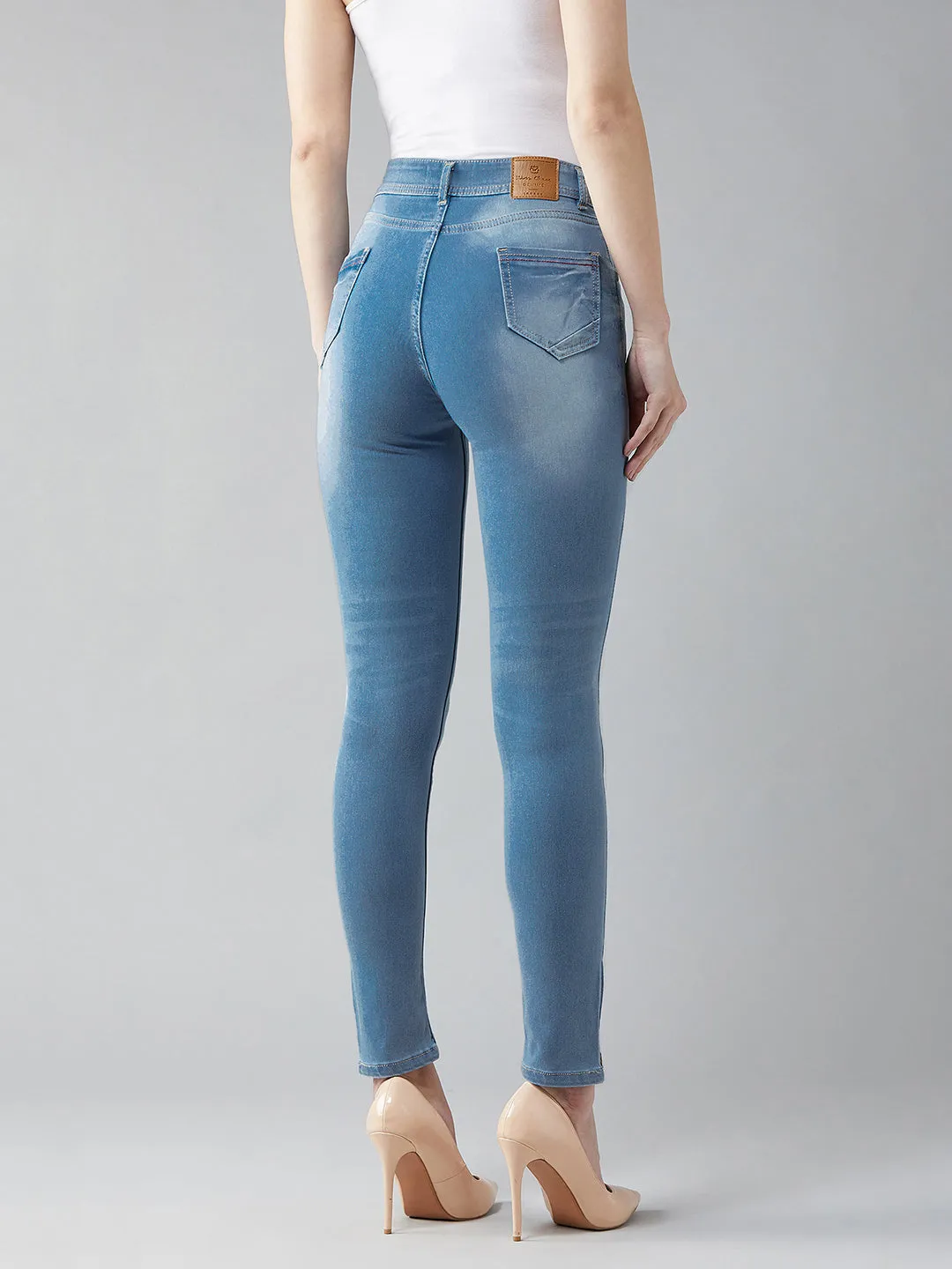 Women's Blue Skinny Fit High Rise Clean Look Regular Length Zipper Detailing Scraped Stretchable Denim Jeans