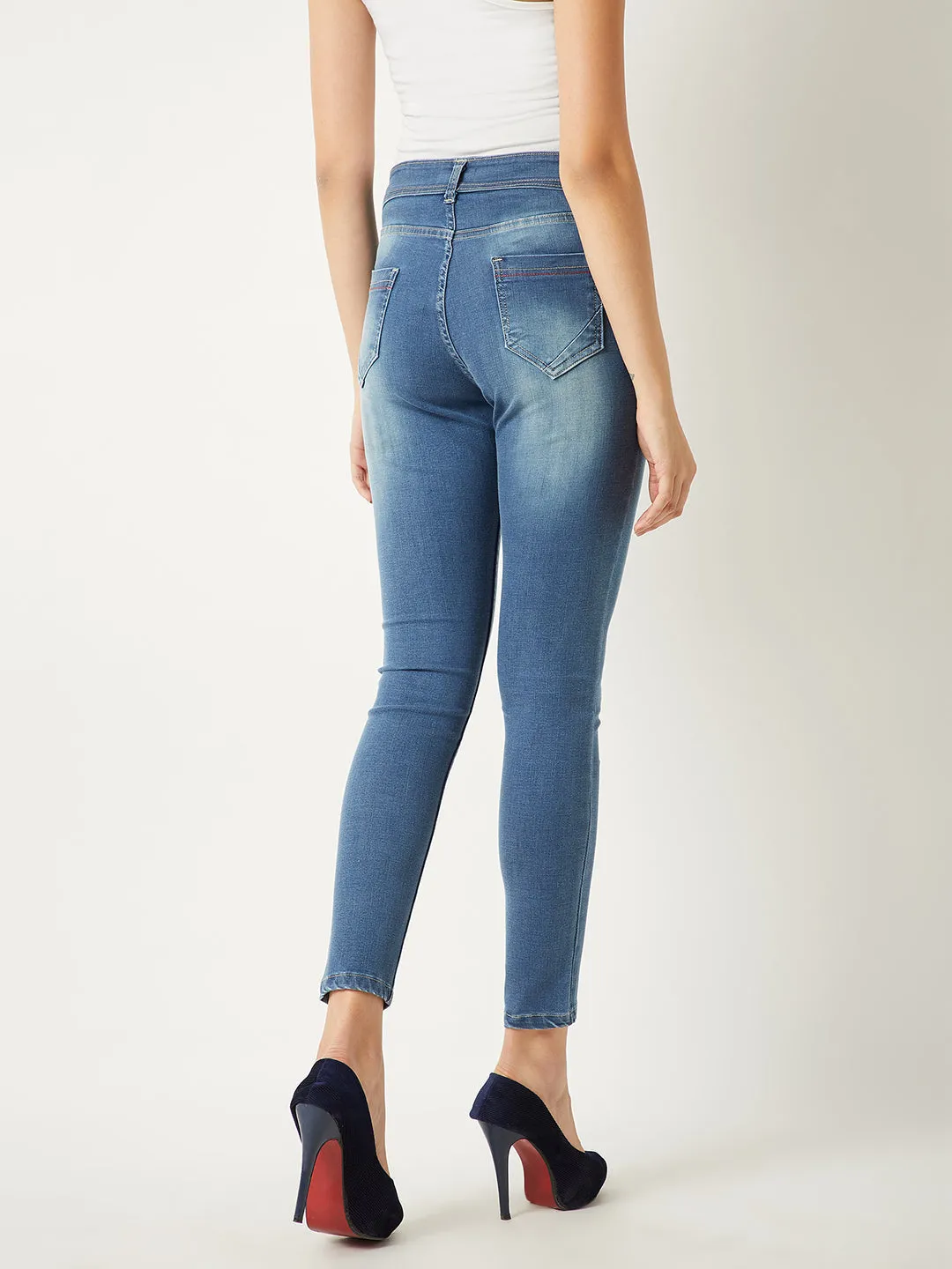 Women's Blue Skinny Fit High Rise Twill Tape Detailing Scraped Stretchable Denim Jeans