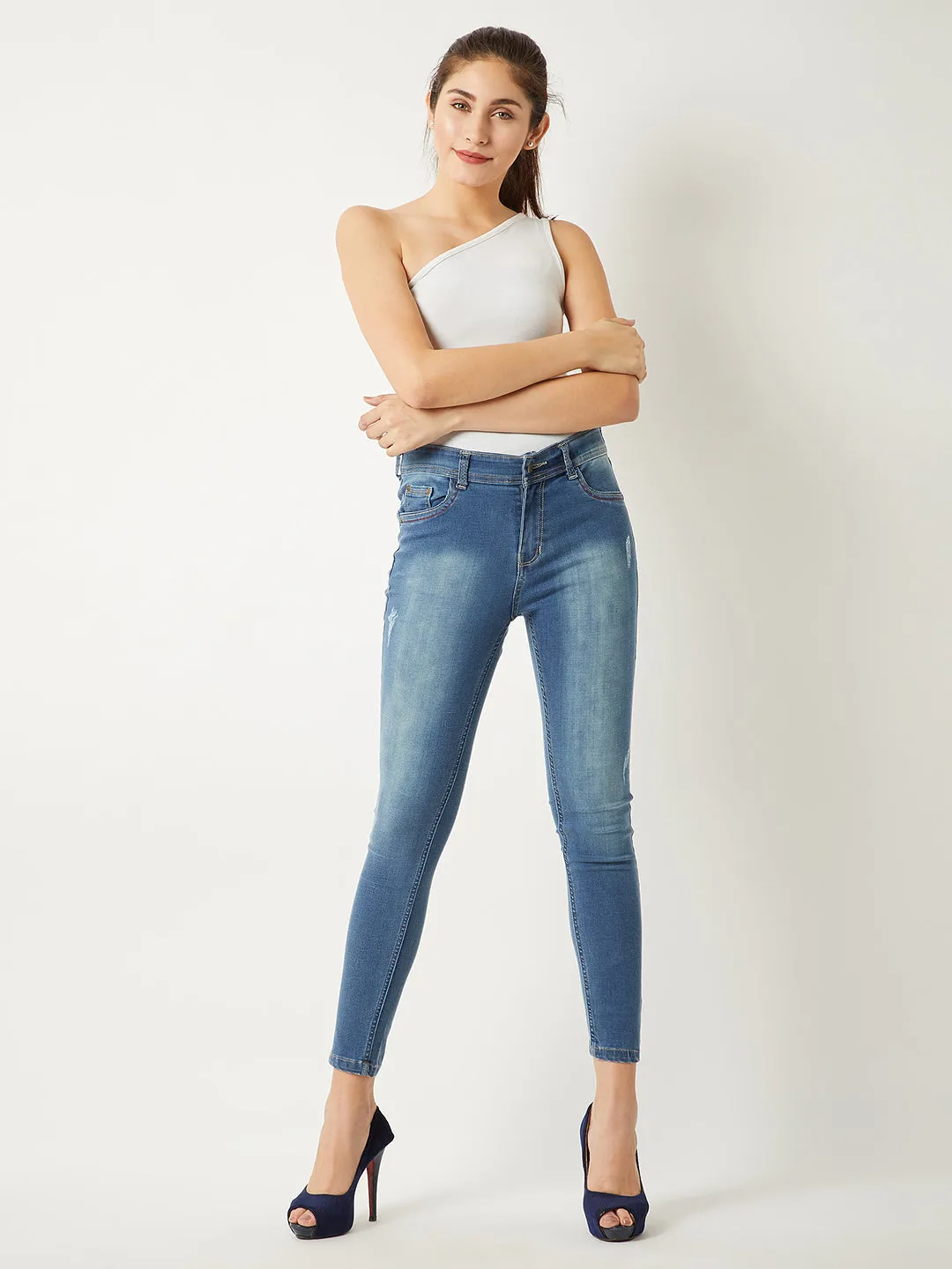 Women's Blue Skinny Fit High Rise Twill Tape Detailing Scraped Stretchable Denim Jeans
