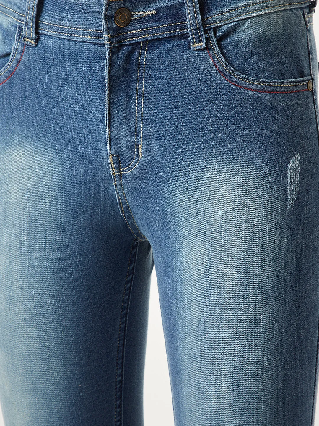 Women's Blue Skinny Fit High Rise Twill Tape Detailing Scraped Stretchable Denim Jeans