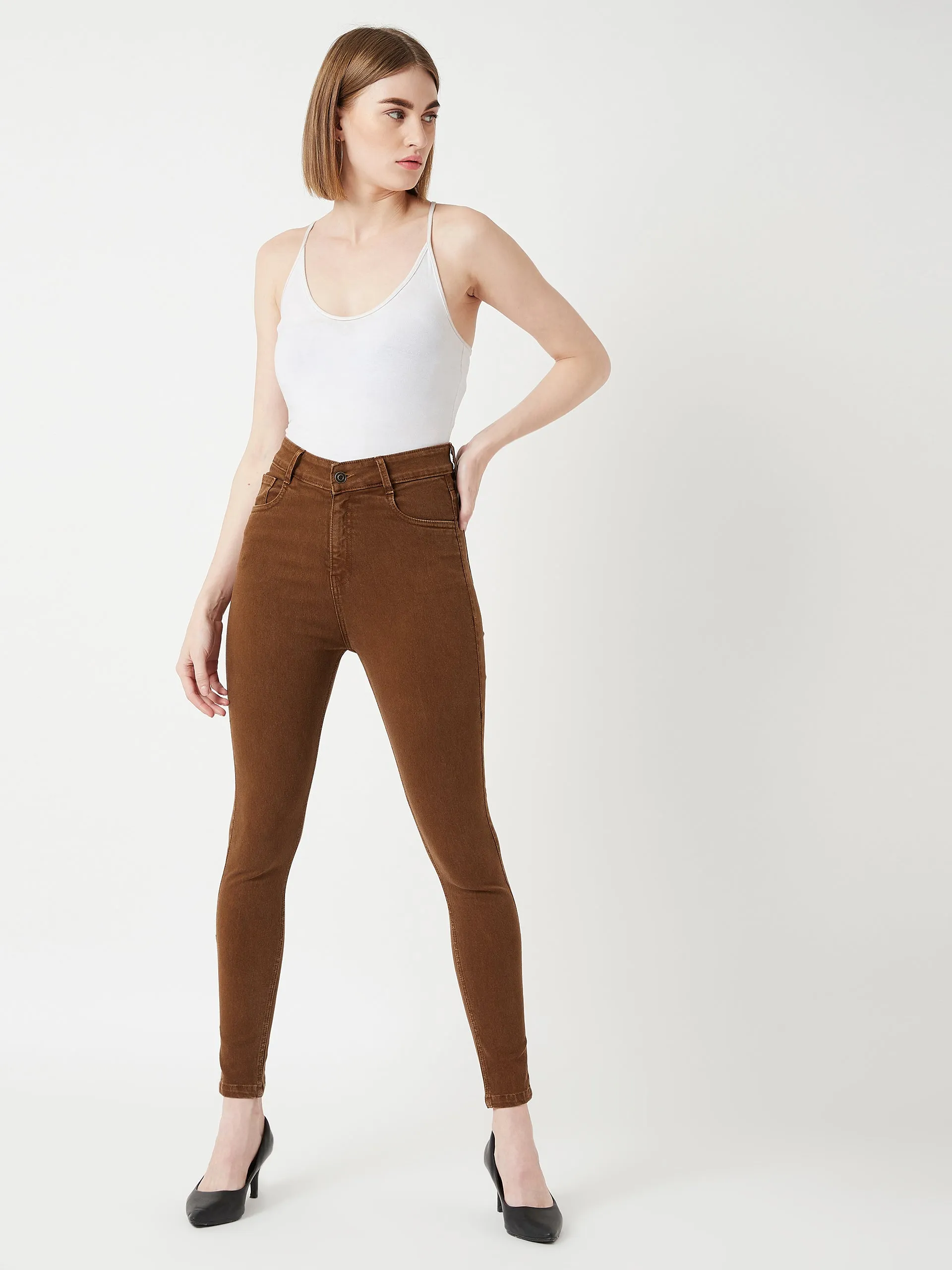 Women's Brown Skinny High Rise Stretchable Denim Jeans