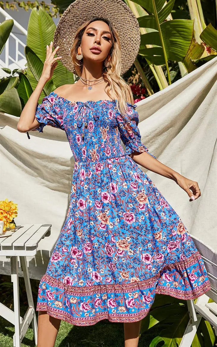 Women's FS Collection Blue & Pink Floral Print Boho Bardot Midi Dress