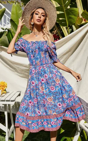 Women's FS Collection Blue & Pink Floral Print Boho Bardot Midi Dress