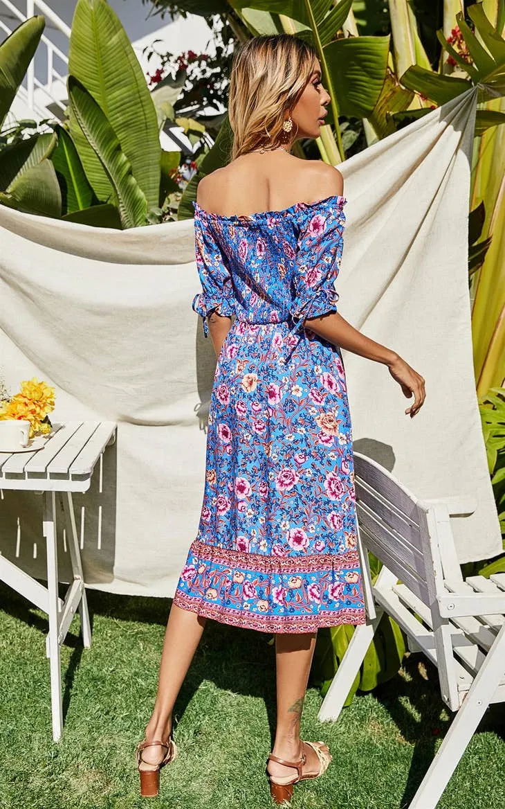 Women's FS Collection Blue & Pink Floral Print Boho Bardot Midi Dress