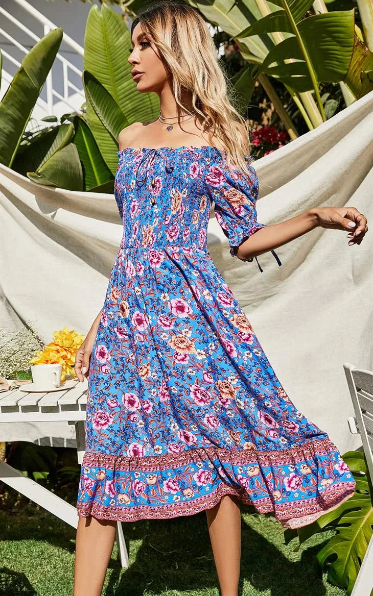 Women's FS Collection Blue & Pink Floral Print Boho Bardot Midi Dress