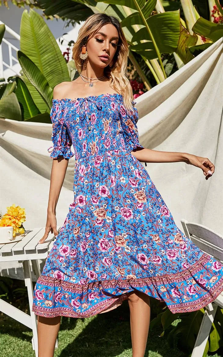 Women's FS Collection Blue & Pink Floral Print Boho Bardot Midi Dress
