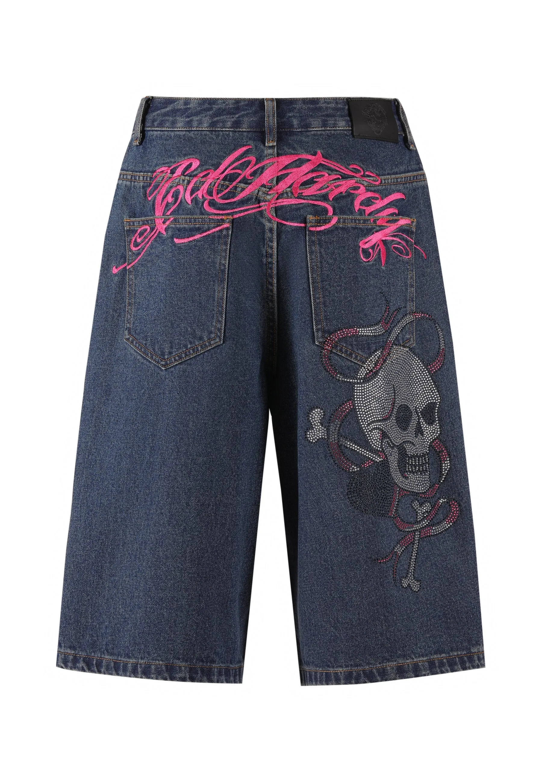 Womens Love Wrapped Diamante Denim Jorts Shorts  - Indigo