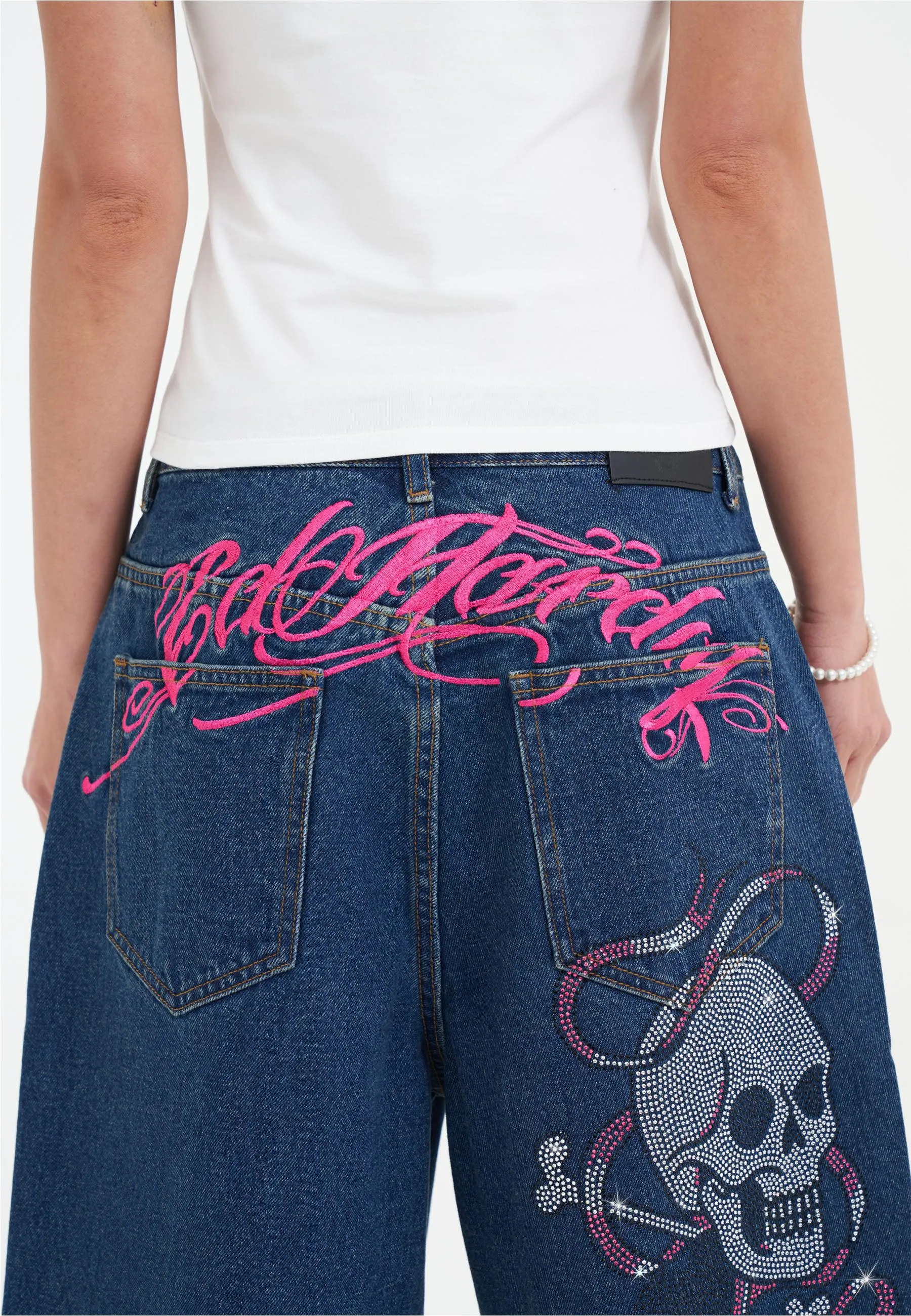 Womens Love Wrapped Diamante Denim Jorts Shorts  - Indigo