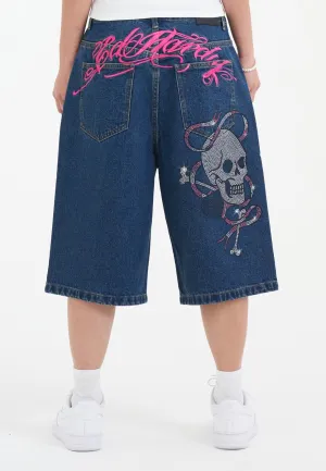 Womens Love Wrapped Diamante Denim Jorts Shorts  - Indigo