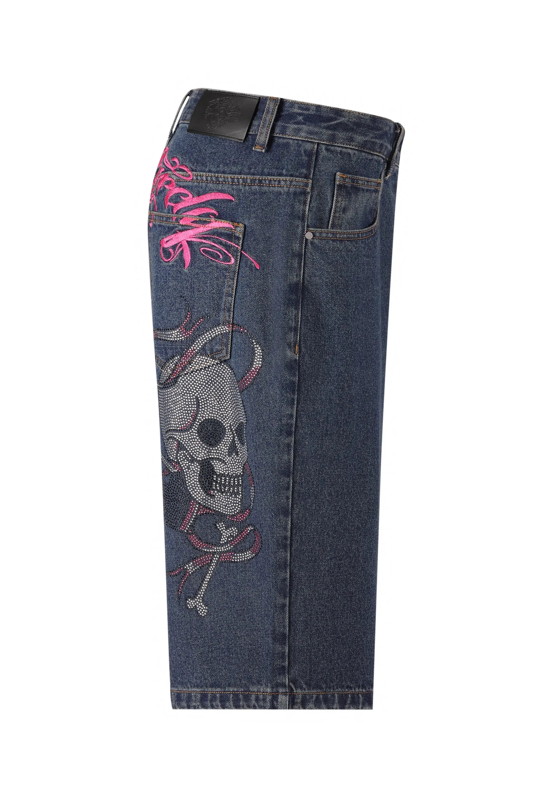 Womens Love Wrapped Diamante Denim Jorts Shorts  - Indigo