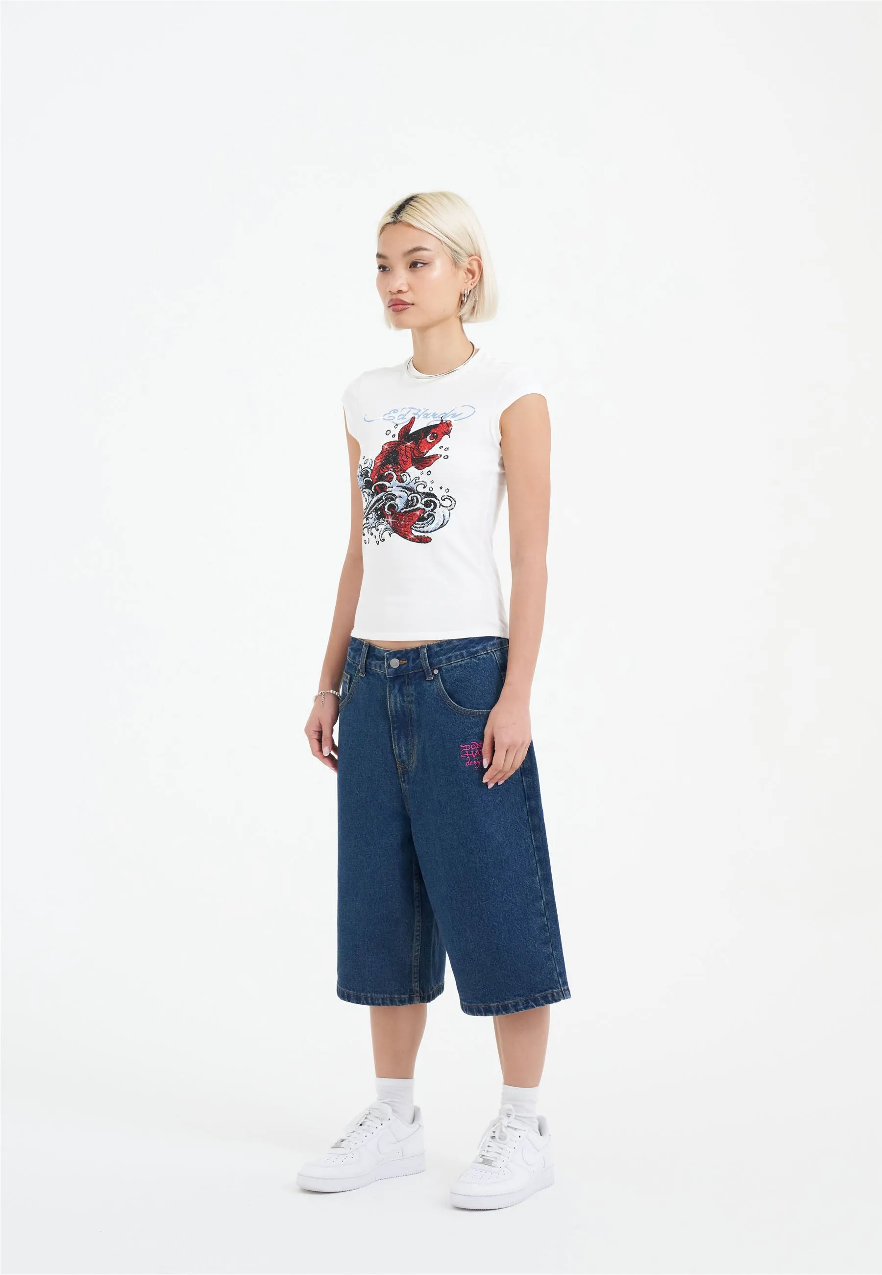Womens Love Wrapped Diamante Denim Jorts Shorts  - Indigo