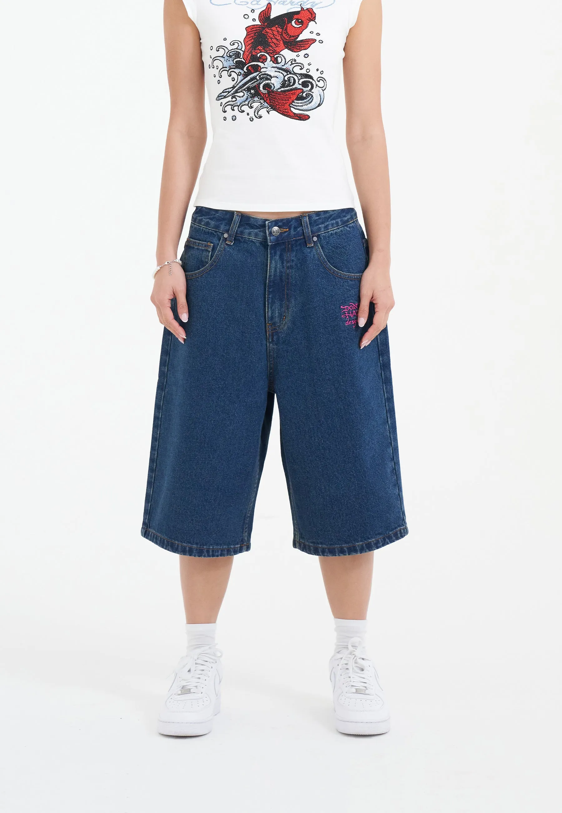 Womens Love Wrapped Diamante Denim Jorts Shorts  - Indigo