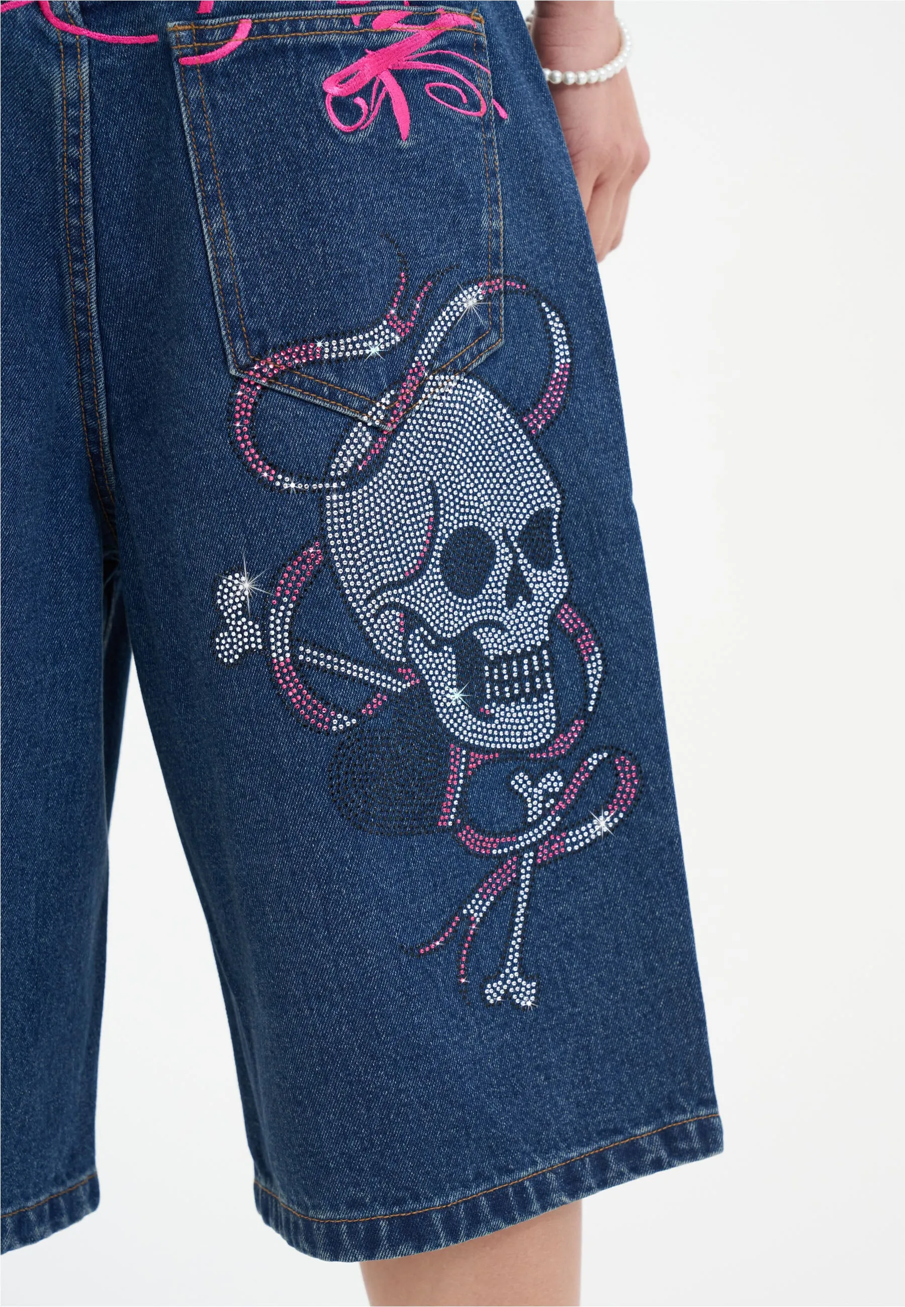 Womens Love Wrapped Diamante Denim Jorts Shorts  - Indigo
