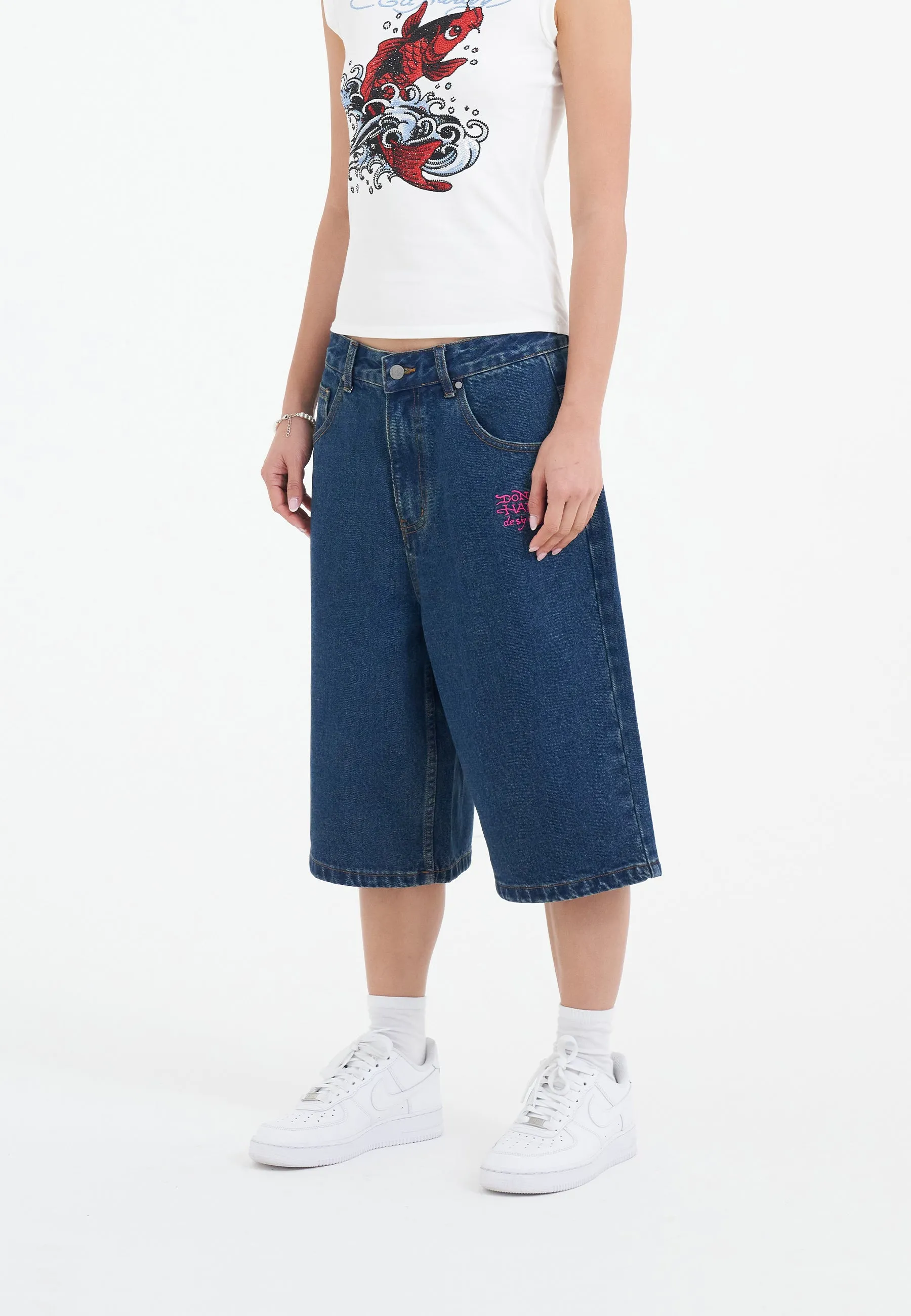 Womens Love Wrapped Diamante Denim Jorts Shorts  - Indigo