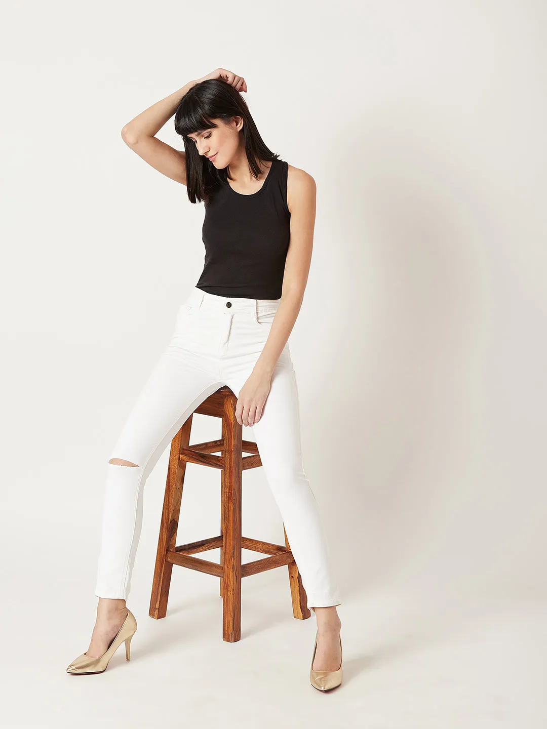 Women's White Skinny High Rise Clean Look Knee Slit Bleached Regular Length Stretchable Denim Jeans