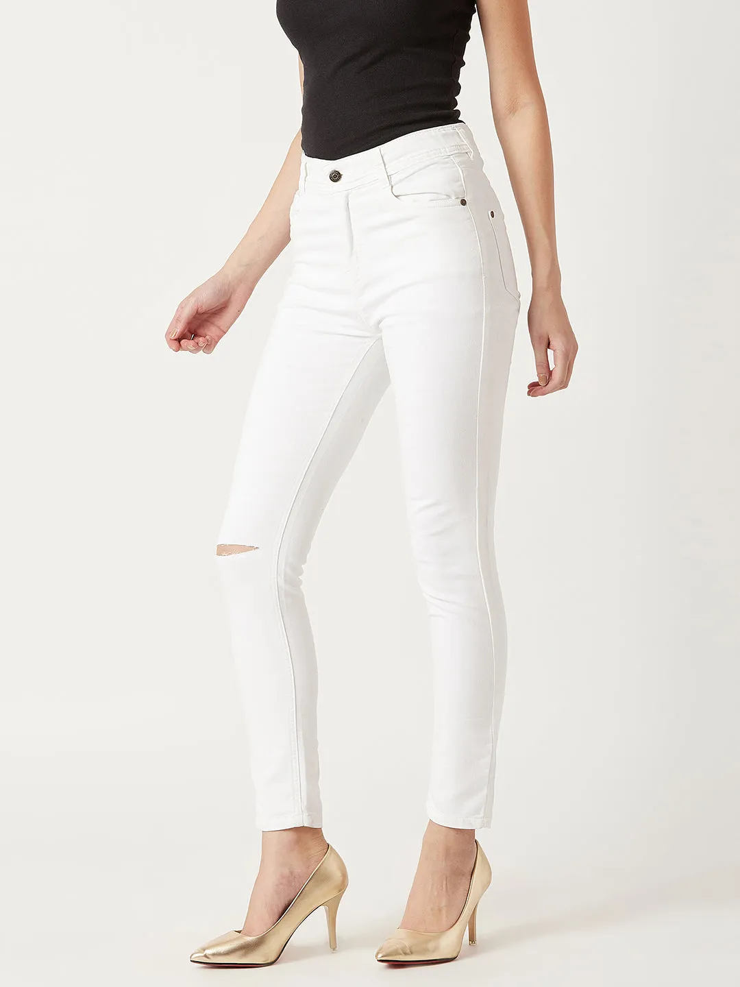 Women's White Skinny High Rise Clean Look Knee Slit Bleached Regular Length Stretchable Denim Jeans