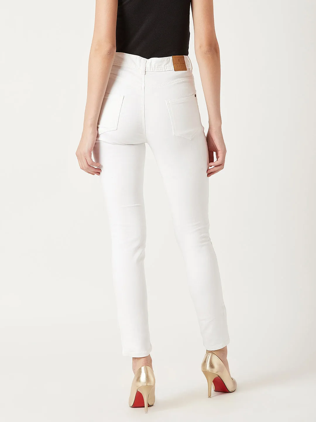 Women's White Skinny High Rise Knee Slit Bleached Stretchable Denim Jeans