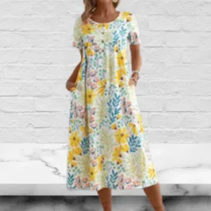 Yellow Floral Printed A-Line Casual Dress