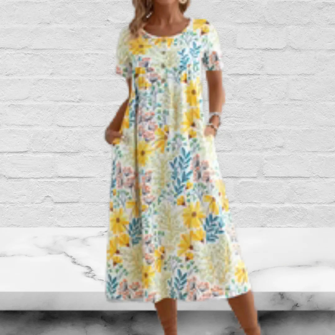 Yellow Floral Printed A-Line Casual Dress